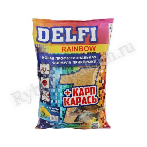 Прикормка DELFI Rainbow карп + карась; кукуруза, горох, желтая, 800 г.