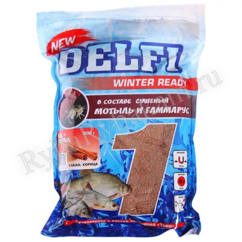 Прикормка DELFI зимняя ICE READY увлажненная лещ + плотва; какао + корица, коричневая, 500 г