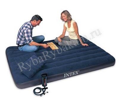 Intex Кровать Classic Downy 152*203*25см флок, синий, 2 подушки, насос