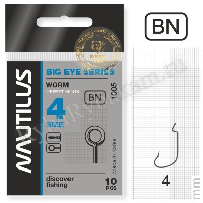 Крючок Nautilus Offset Big Eye Series Worm 1005 № 4, 10 шт